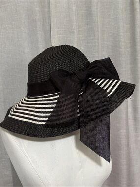 EUC Sun Hat-Woven Material-Black/White-Mesh Bow and Brim Ribbon-OSFM